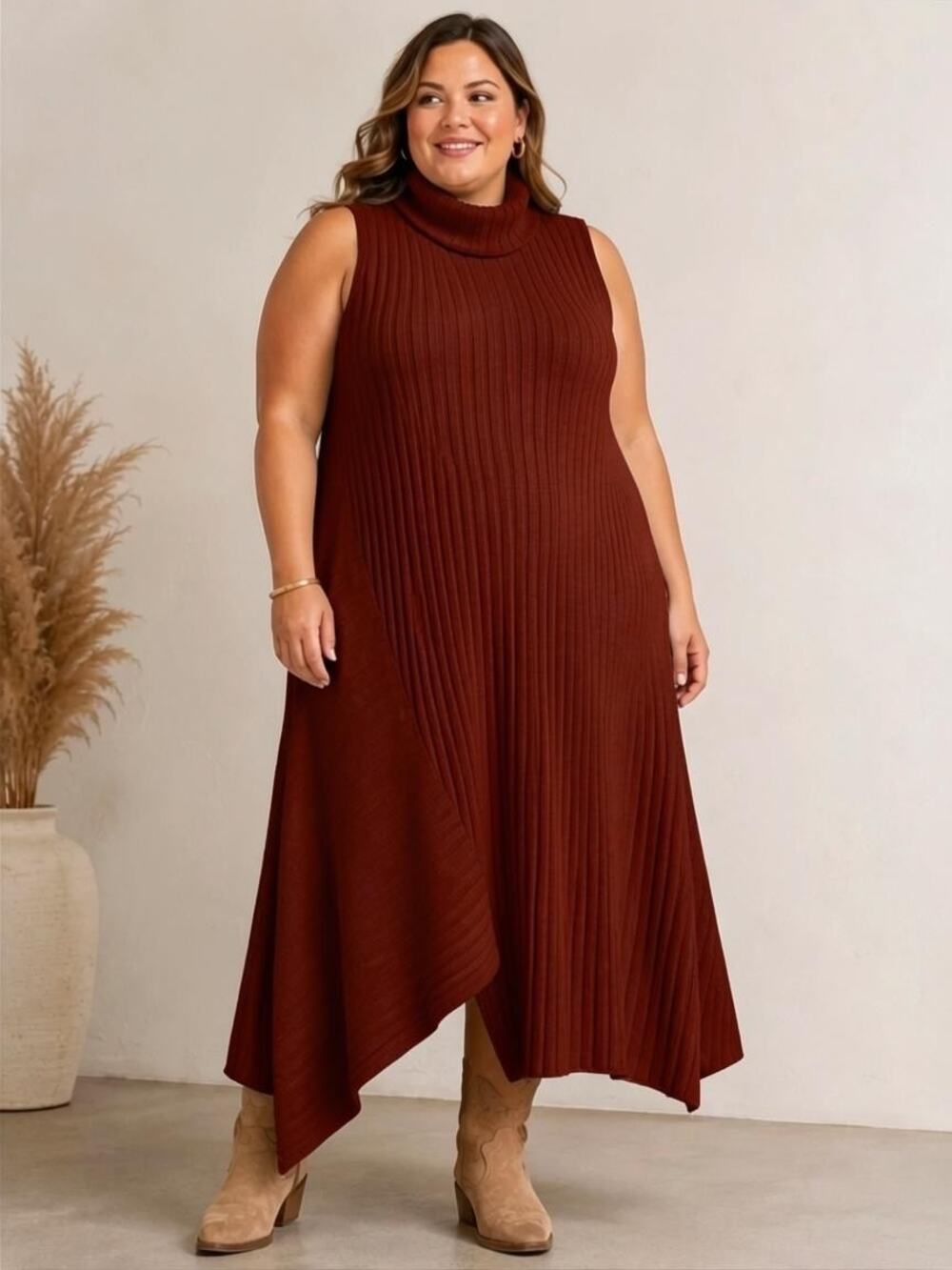 Eloquii Ribbed Turtle Neck Asymmetrical Hem Sweater Dress Size 20 Burgundy
